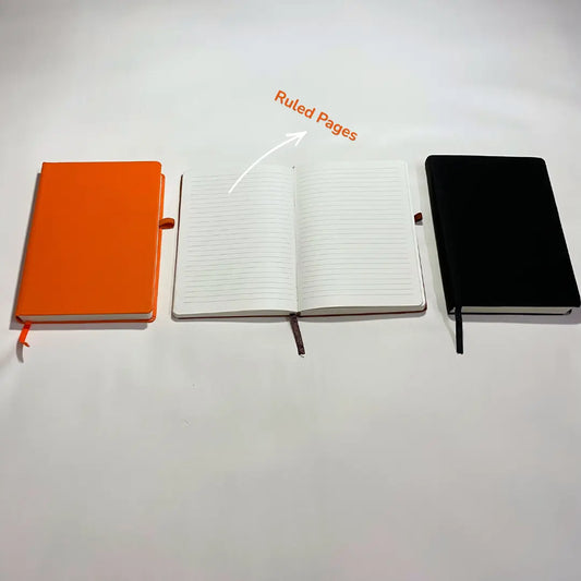 Three notebooks arranged on a white background: a closed orange notebook on the left, an open white ruled notebook in the center with an arrow and 'Ruled Pages' text above it, and a closed black notebook on the right.