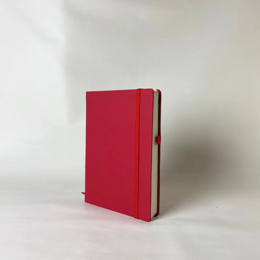 A5 hardbound notebook in red with elastic band and pen loop 