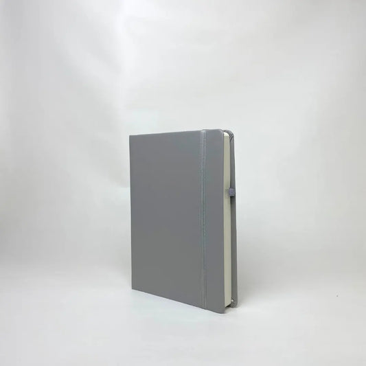 A5 hardbound notebook in grey with elastic band and pen loop 