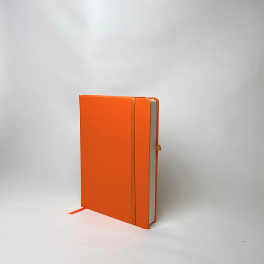 A5 hardbound notebook in orange with elastic band and pen loop 